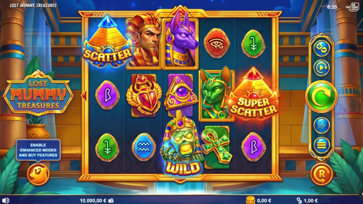 Tampilan visual slot Lost Mummy Treasures dengan nuansa kuil Mesir kuno yang misterius.