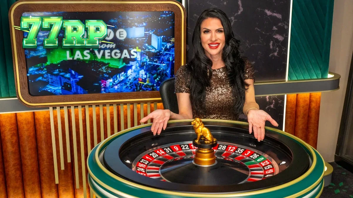 Tampilan meja live dealer kasino dengan suasana mewah dari Las Vegas